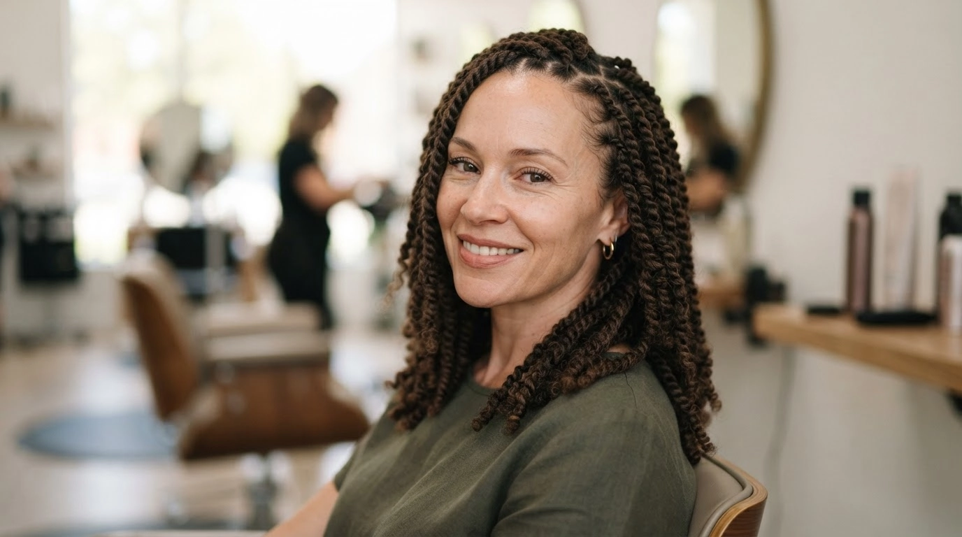 white woman with medium-length kinky twists showing natural texture in salon lighting