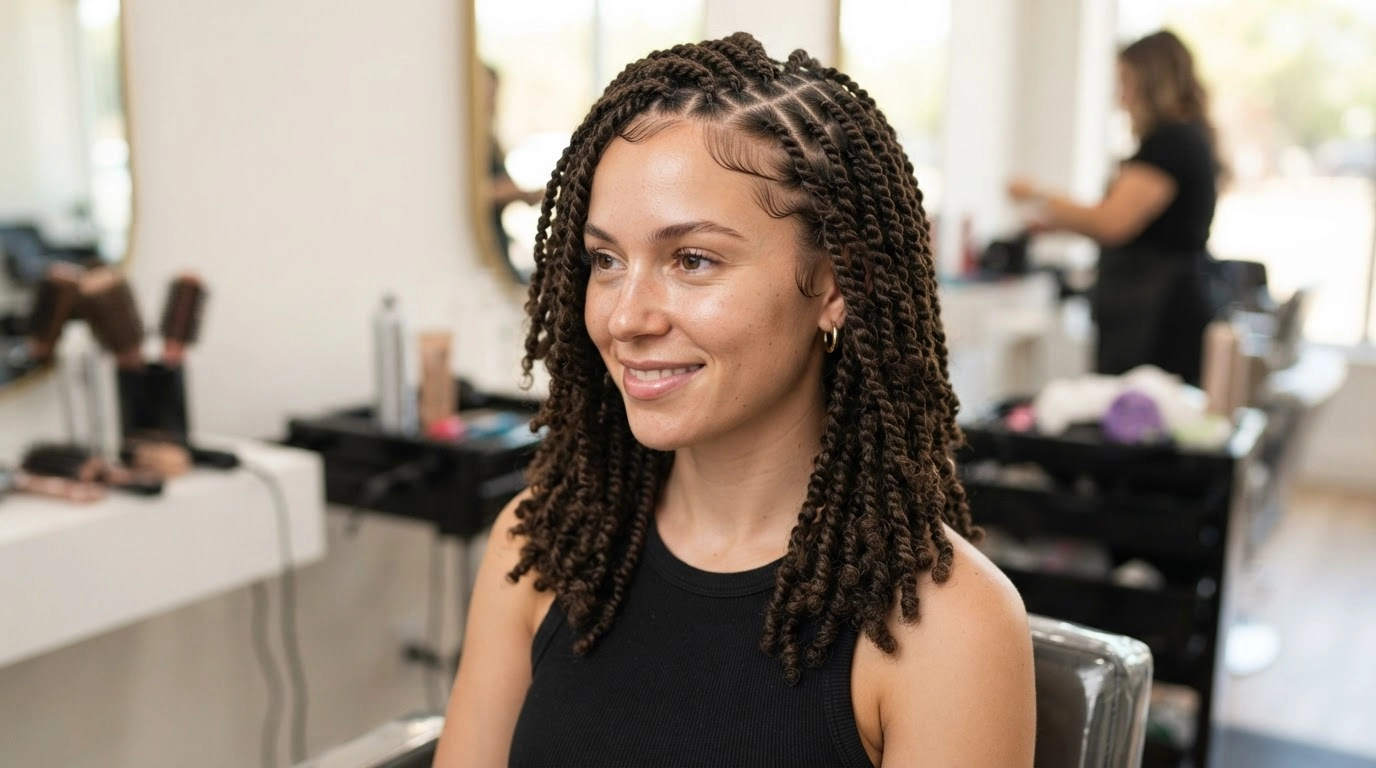 white woman with mini kinky twists showing detailed textured sections in salon