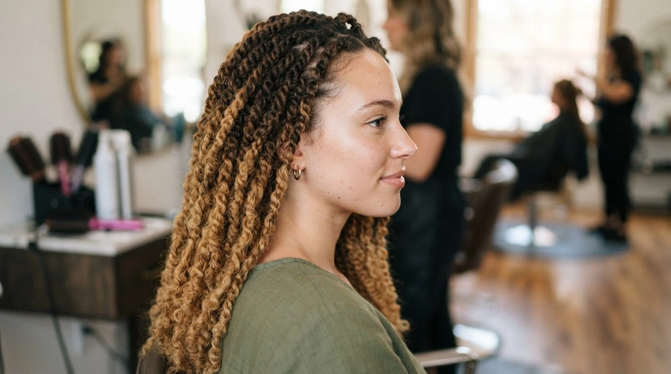 white woman with ombre kinky twists showing gradual color blend in a salon setting