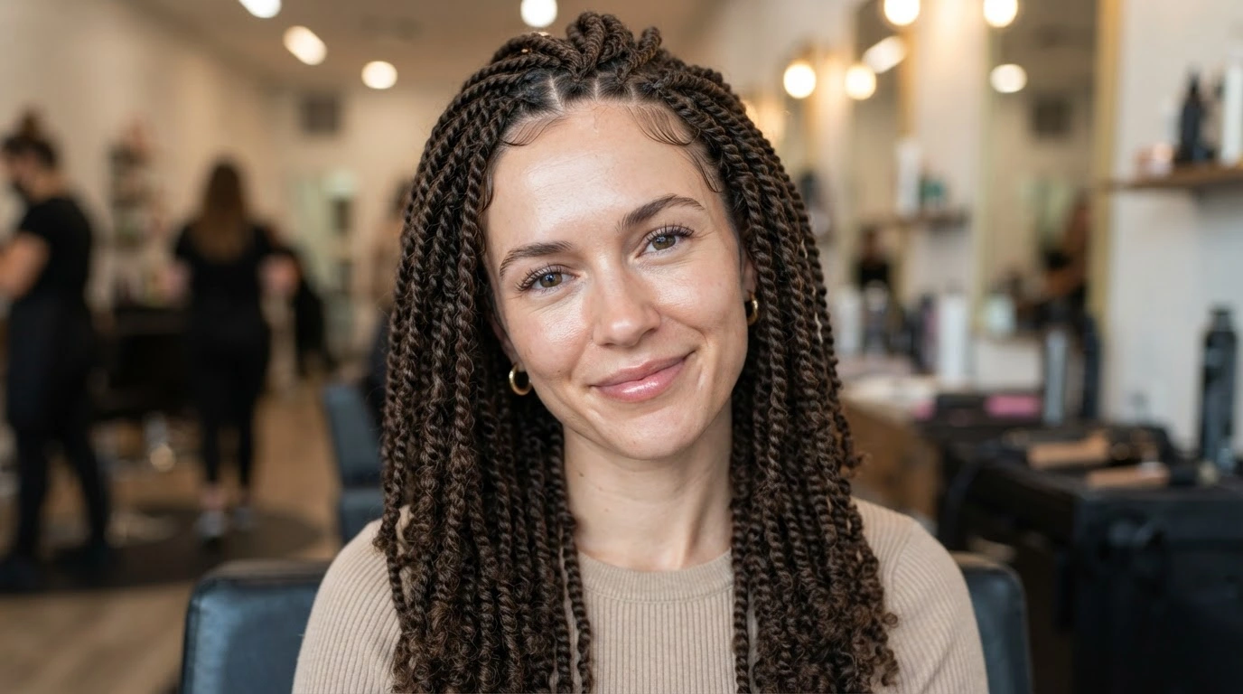 white woman with small kinky twists showing detailed texture in a salon setting