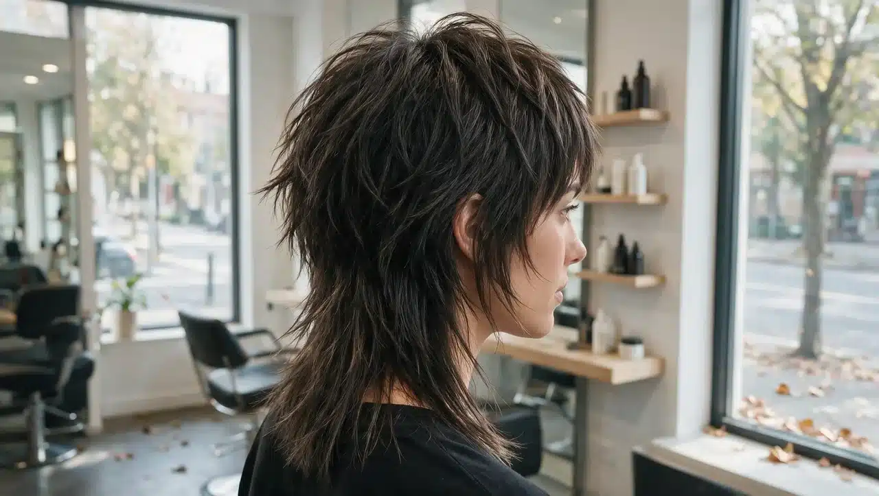 wolf cut hairstyle with choppy crown layers and longer back sections