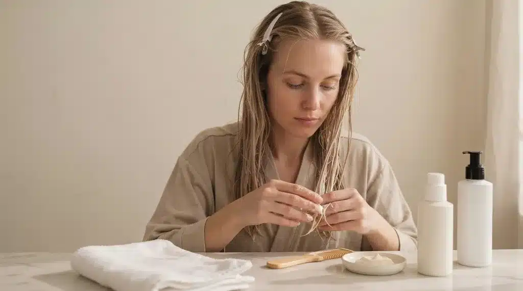 woman applying a bond repair treatment to damp bleached hair with dry textured ends in a bright bathroom