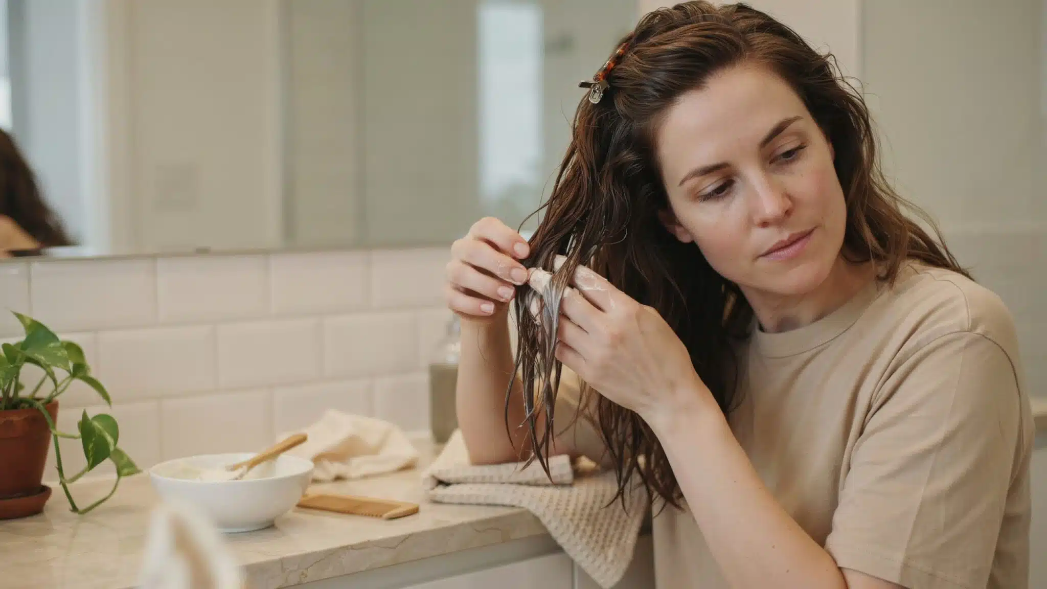 woman applying a creamy mayonnaise hair mask through damp wavy hair beside a bowl and wide tooth comb