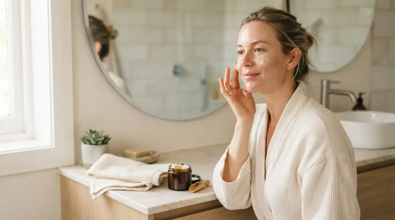 woman applying cocoa butter to her cheek in a bright bathroom with a small jar on the counter