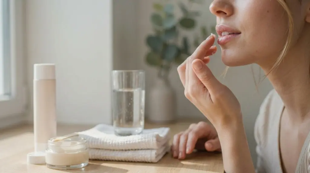 woman applying lip balm during a soothing lip care routine with skincare products nearby