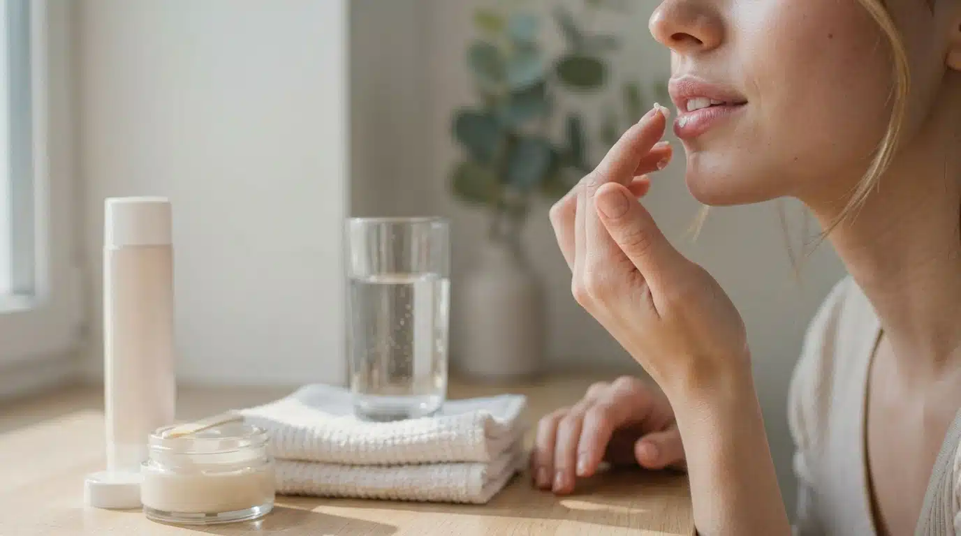 woman applying lip balm during a soothing lip care routine with skincare products nearby
