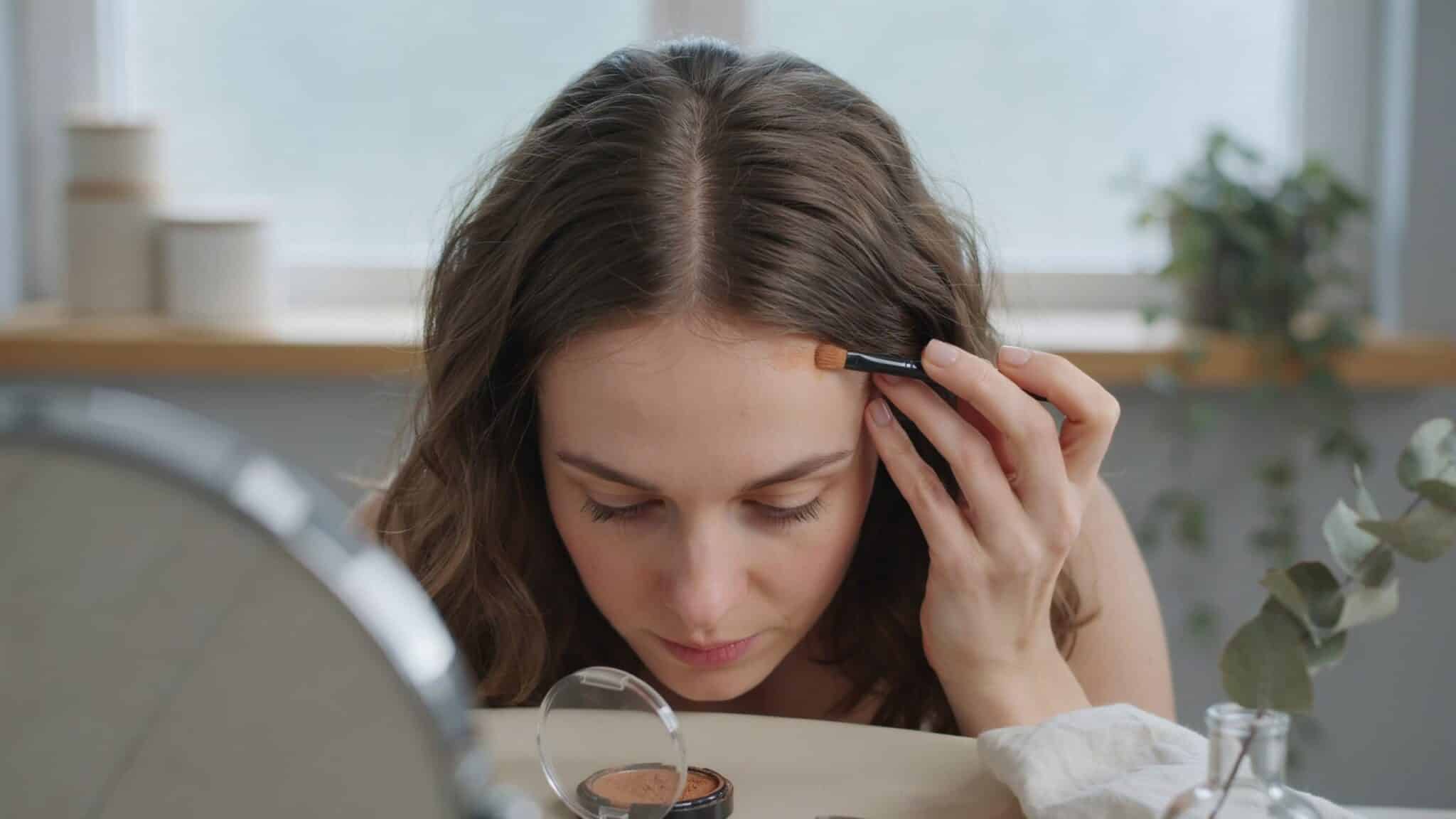 woman applying root touch up powder along her hair part for fuller looking hair