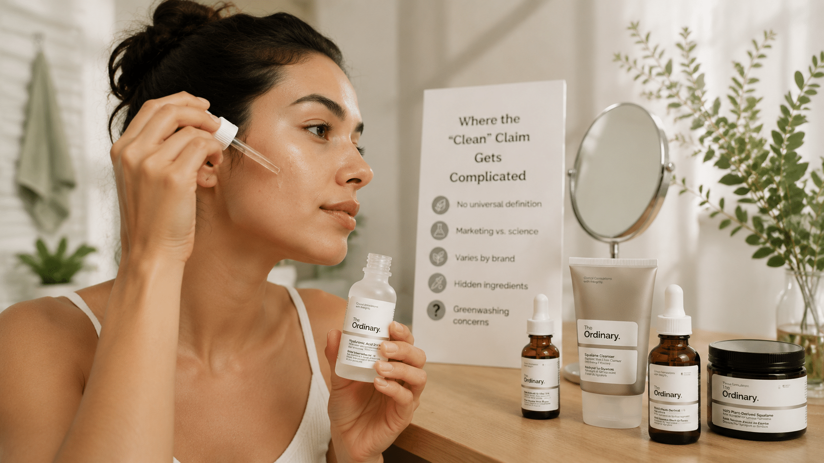 woman applying the ordinary serum while reviewing clean beauty claims in a skincare routine setting