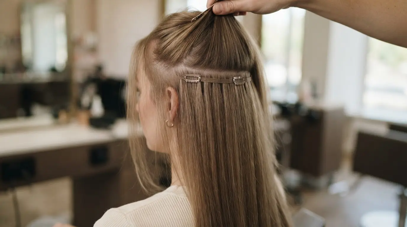 woman applying thin pu weft clip in extensions to fine hair with flat discreet attachment near scalp