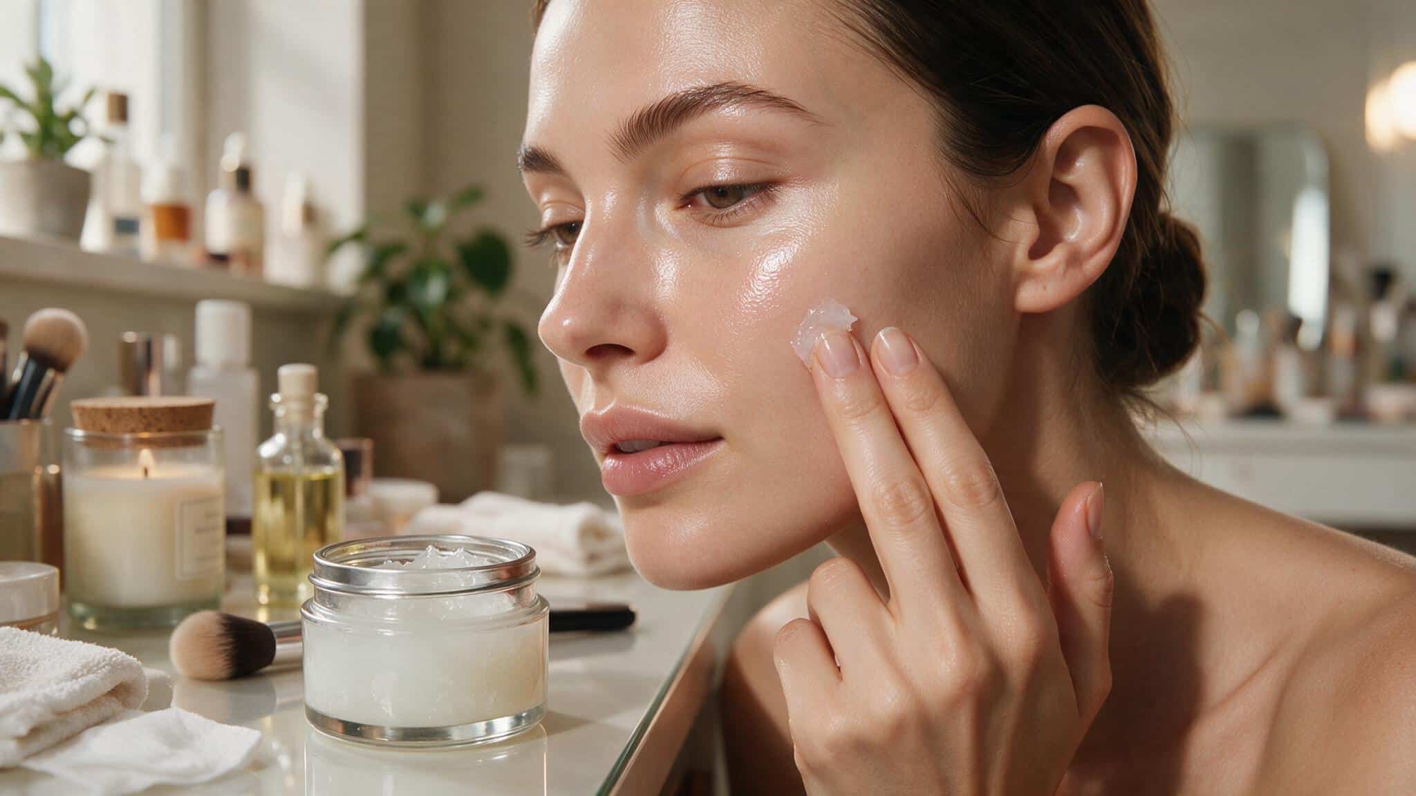 woman applying vaseline on cheekbones as a natural highlighter for a dewy makeup look