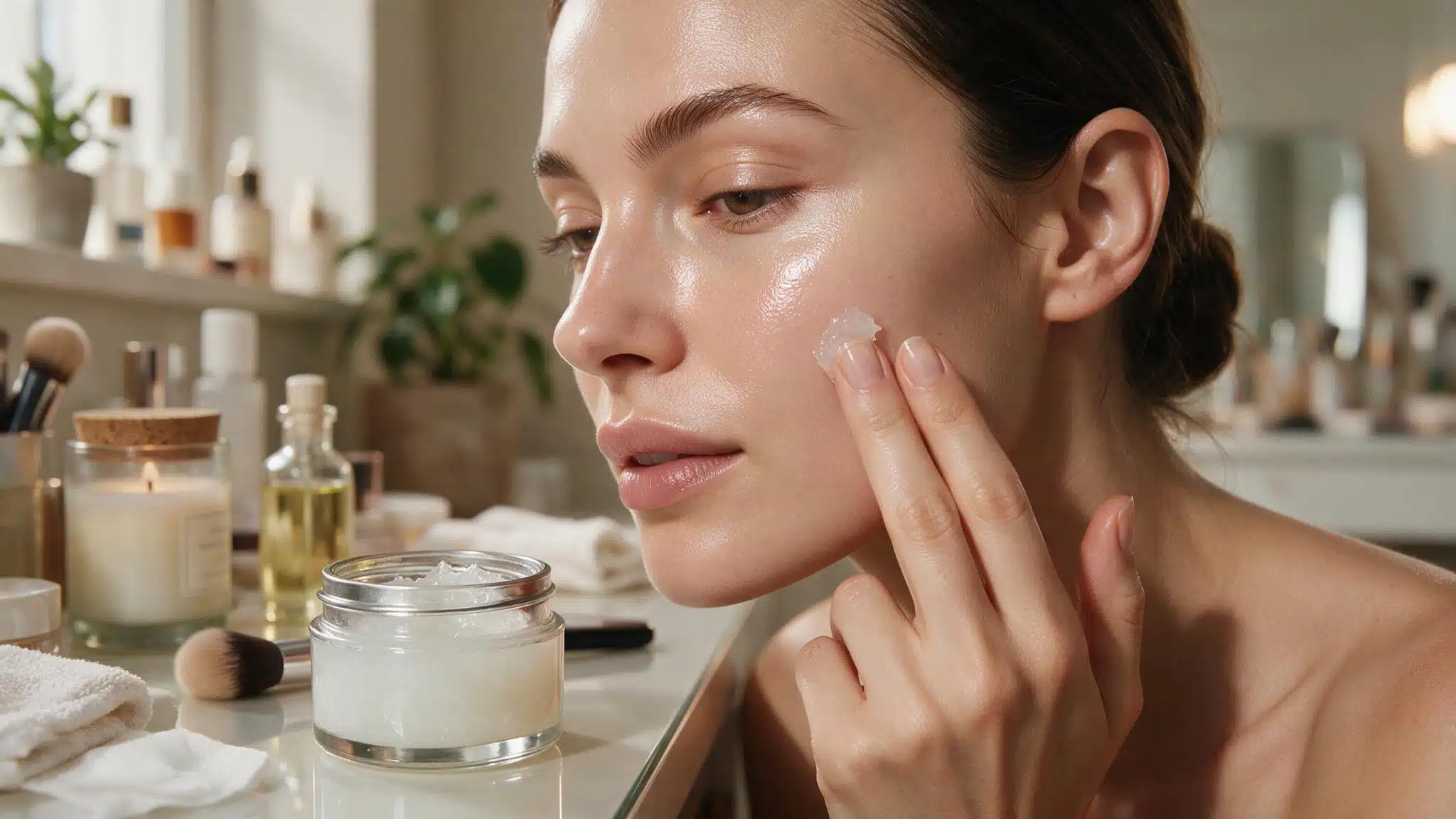 woman applying vaseline on cheekbones as a natural highlighter for a dewy makeup look