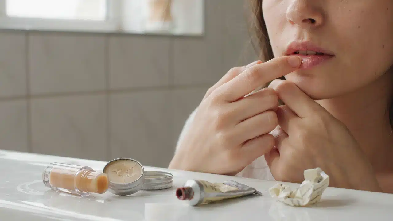 woman avoiding harmful lip care habits with dry lips and old lip products on a bathroom counter
