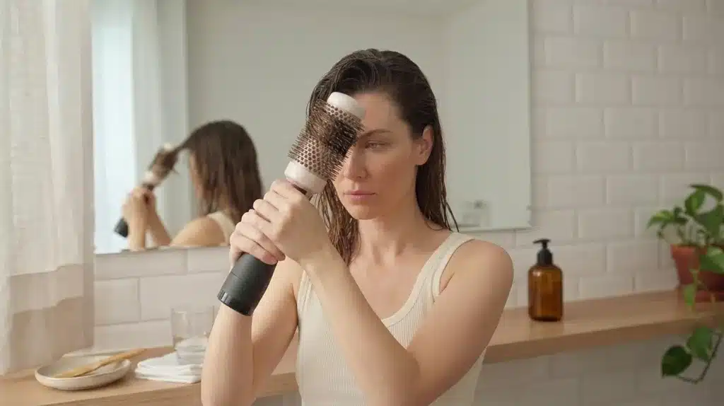woman blow drying hair while lifting roots upward for added volume in a bathroom