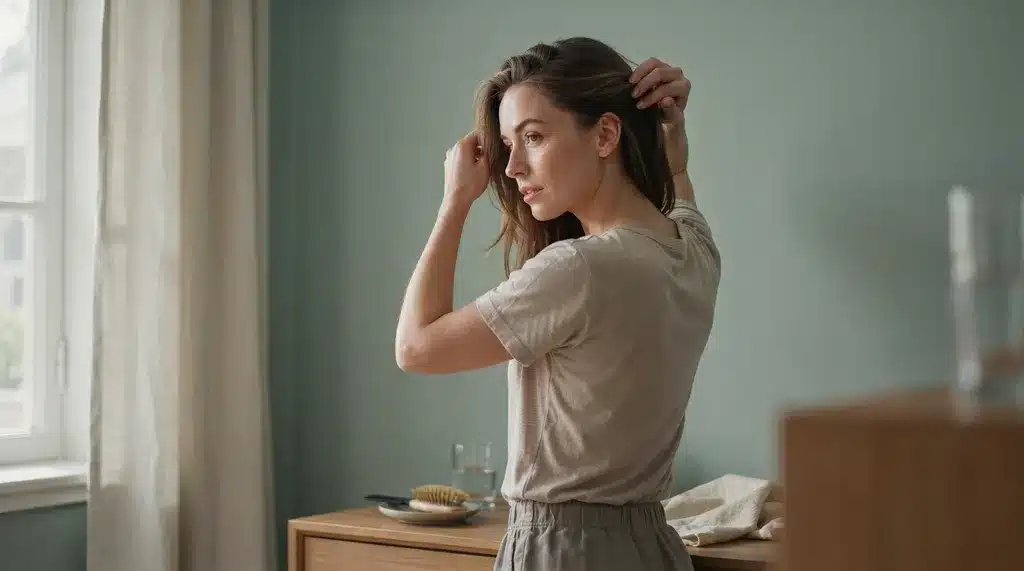 woman changing her hair part to create a fuller look