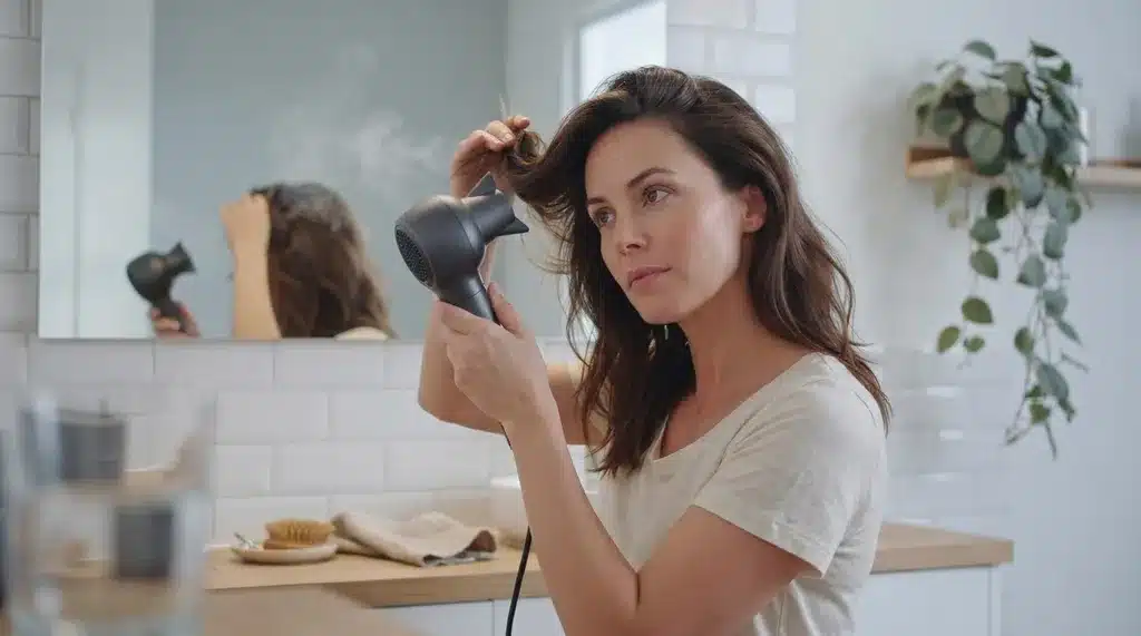 woman finishing her blow dry with cool air to hold hair volume in place