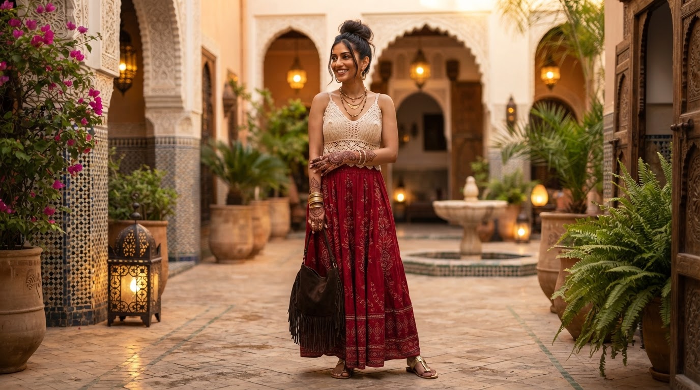 woman in a crochet top and red maxi skirt standing in a lantern lit courtyard