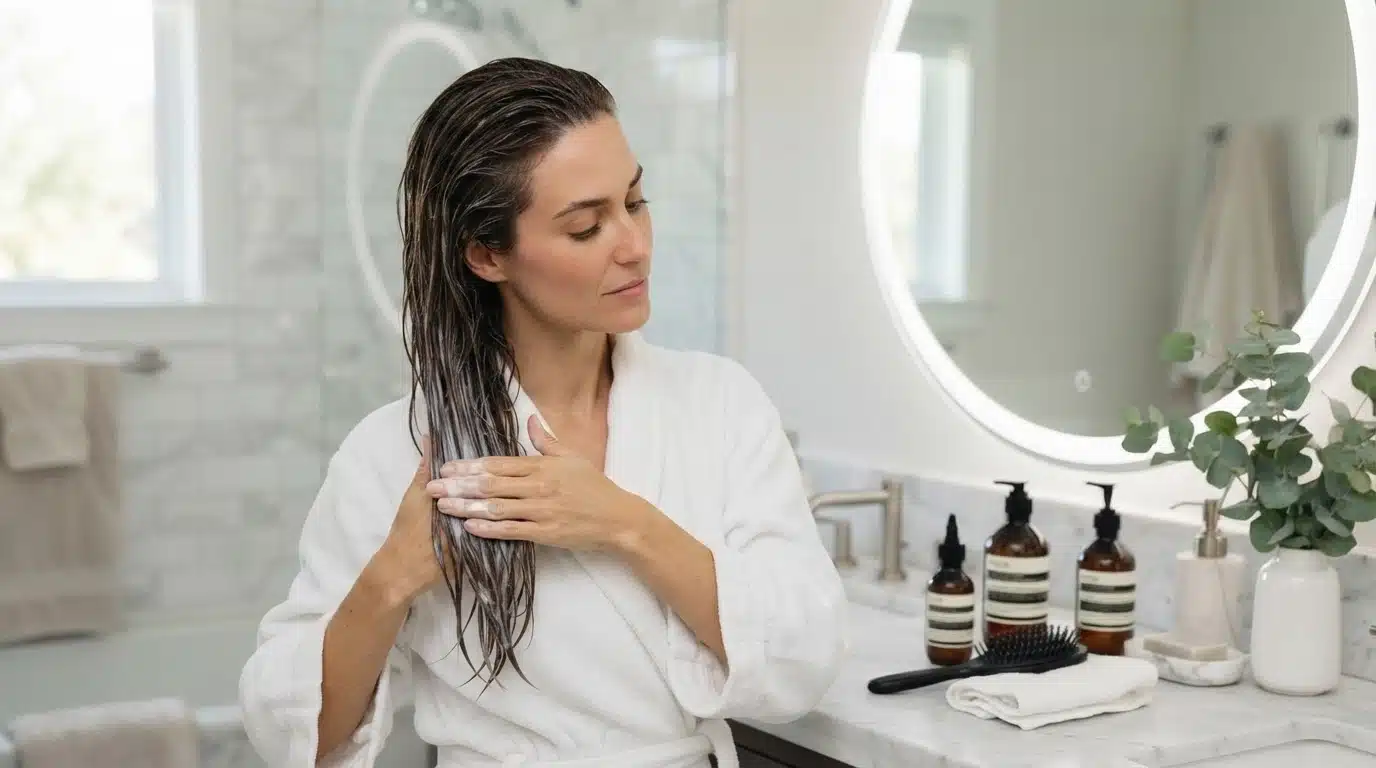 Woman in a white robe applying conditioner to wet hair ends, step 2, in a bright bathroom with haircare bottles