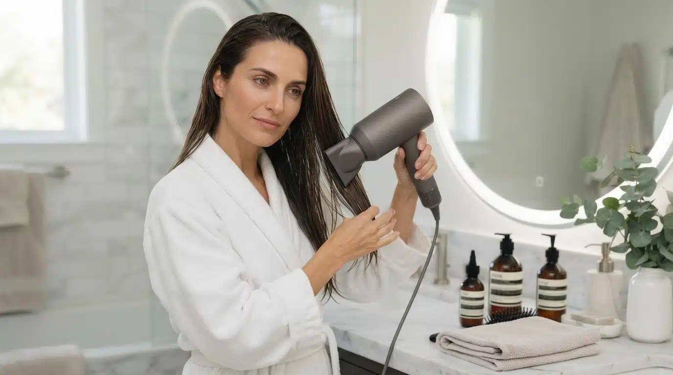 Woman in a white robe blow-drying long hair with a hairdryer, step 3, in a bright bathroom with marble counter