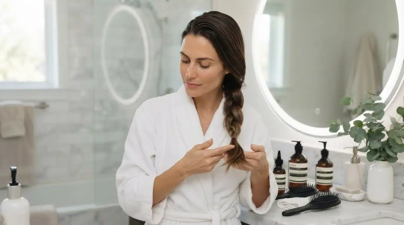 Woman in a white robe holding a loose braid in styled hair, step 5, in a bright bathroom with haircare products