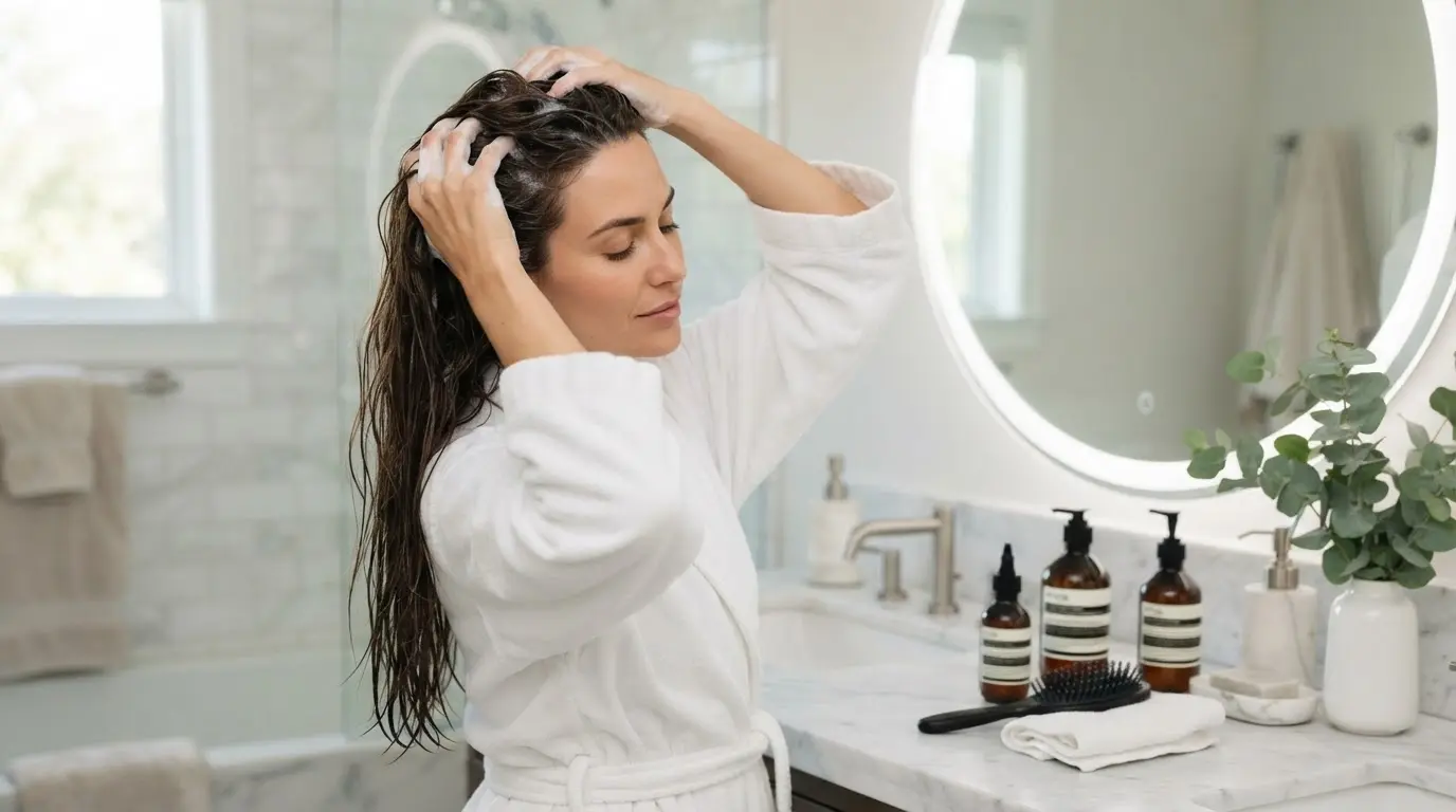 Woman in a white robe massaging shampoo into wet hair at a bright bathroom sink with haircare bottles nearby