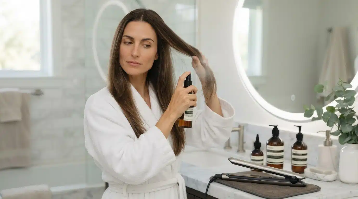 Woman in a white robe spraying heat protectant on dry hair, step 4, with a straightener ready on the counter
