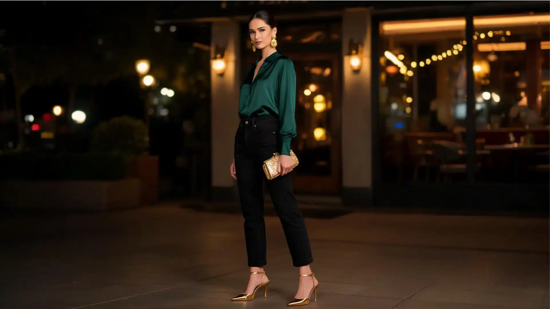 Woman in black straight-leg jeans and emerald satin blouse with gold heeled sandals styled for a glamorous evening look