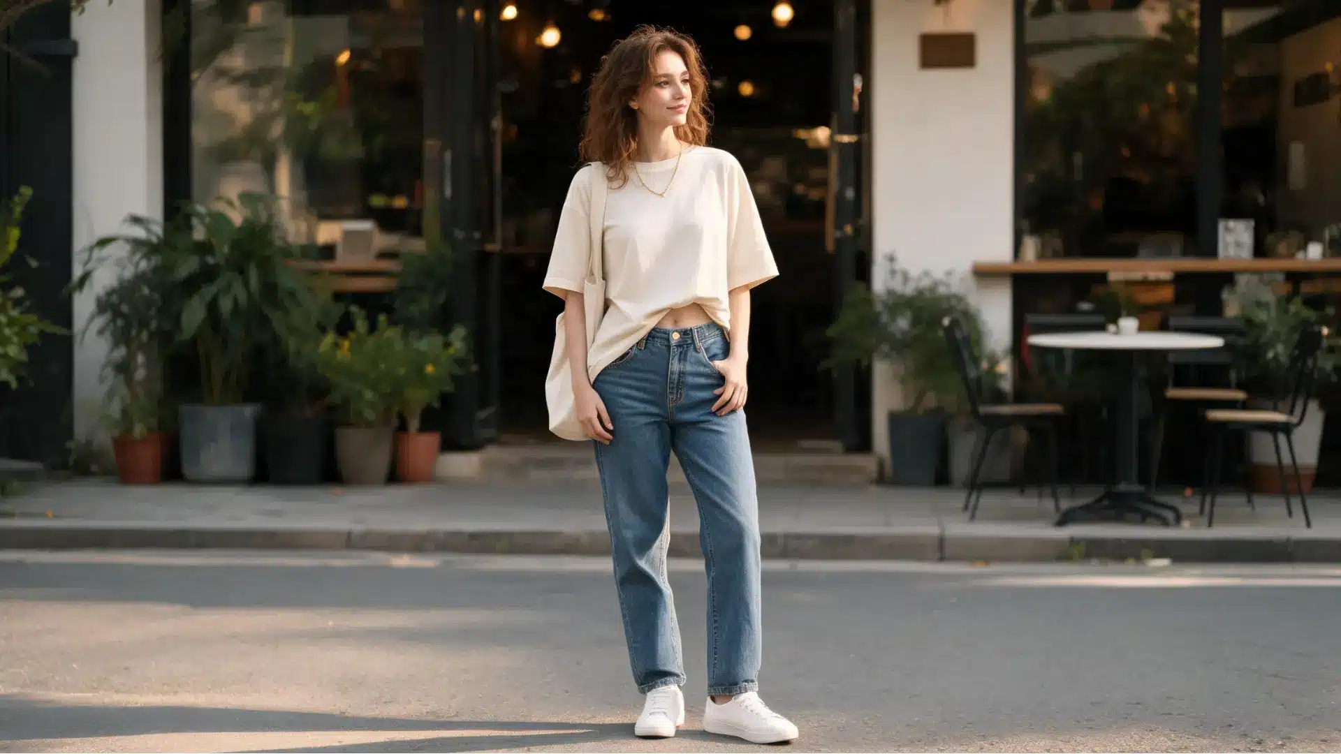 Woman in straight-leg jeans, oversized white tee half-tucked, and white sneakers for an effortless casual everyday look