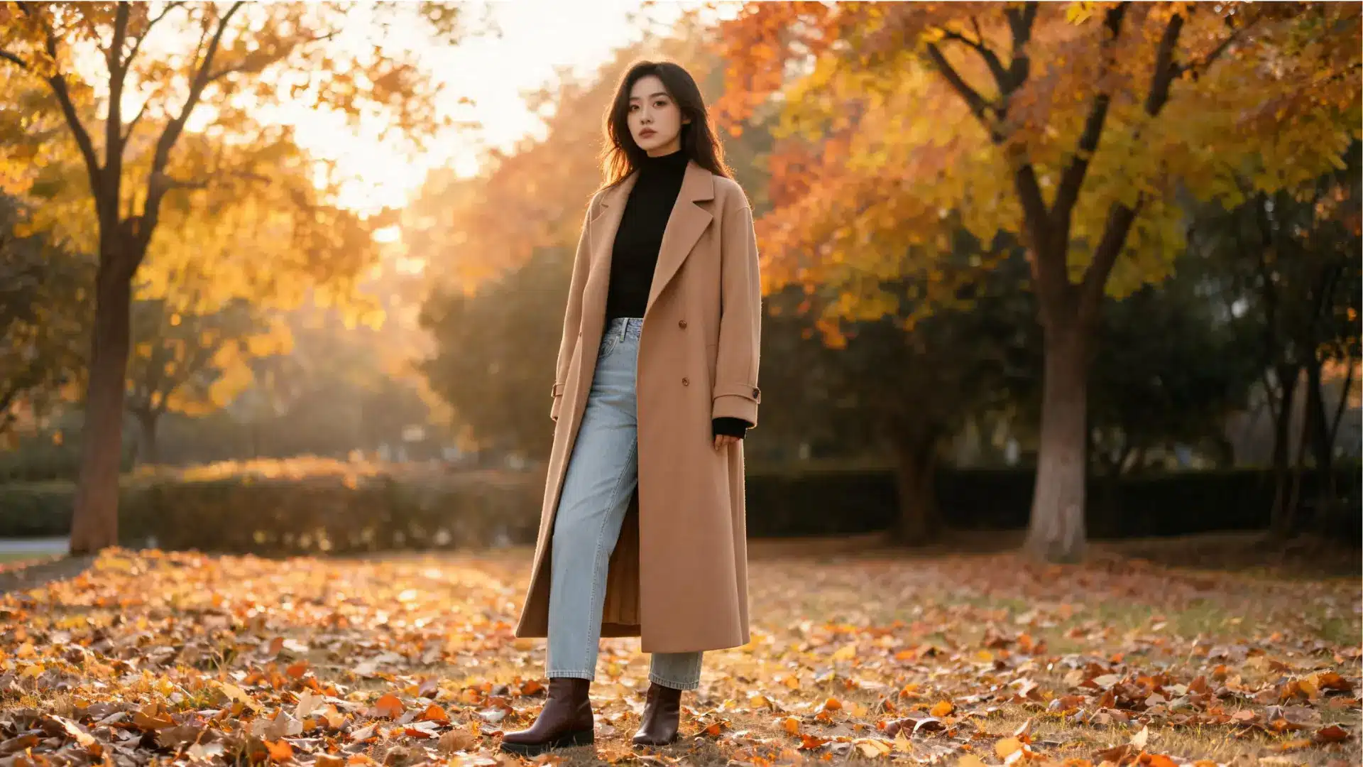 Woman layering straight-leg jeans with a camel trench coat and ankle boots in an autumn outdoor setting