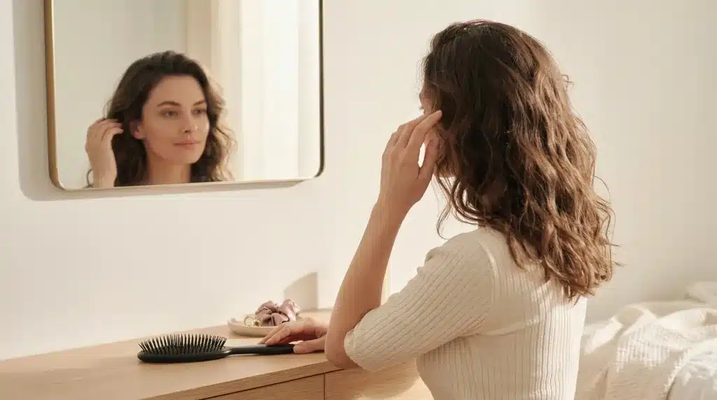woman looking at styled hair in a mirror while maintaining natural volume
