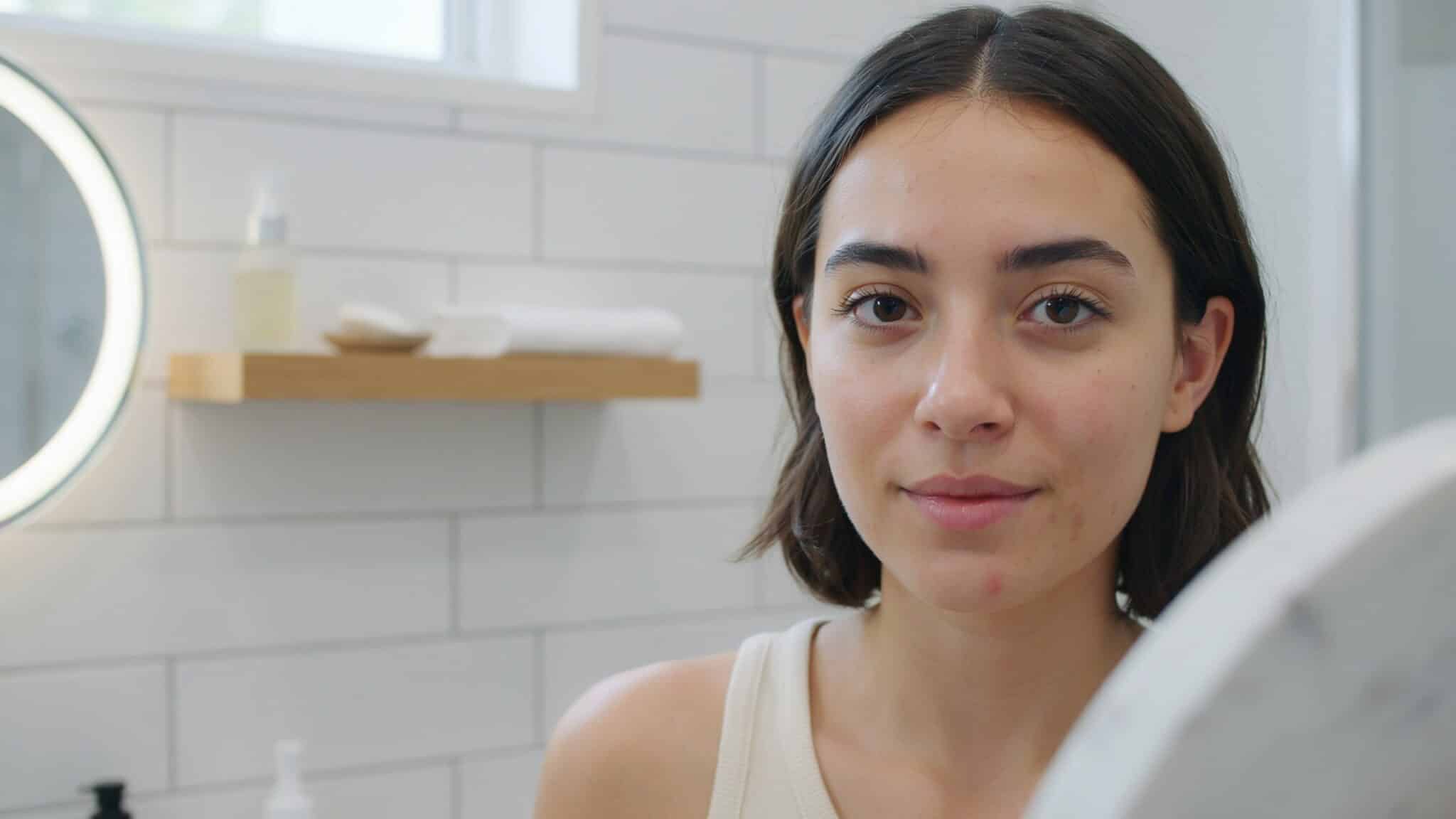 woman showing early skin purging signs with small bumps and mild redness