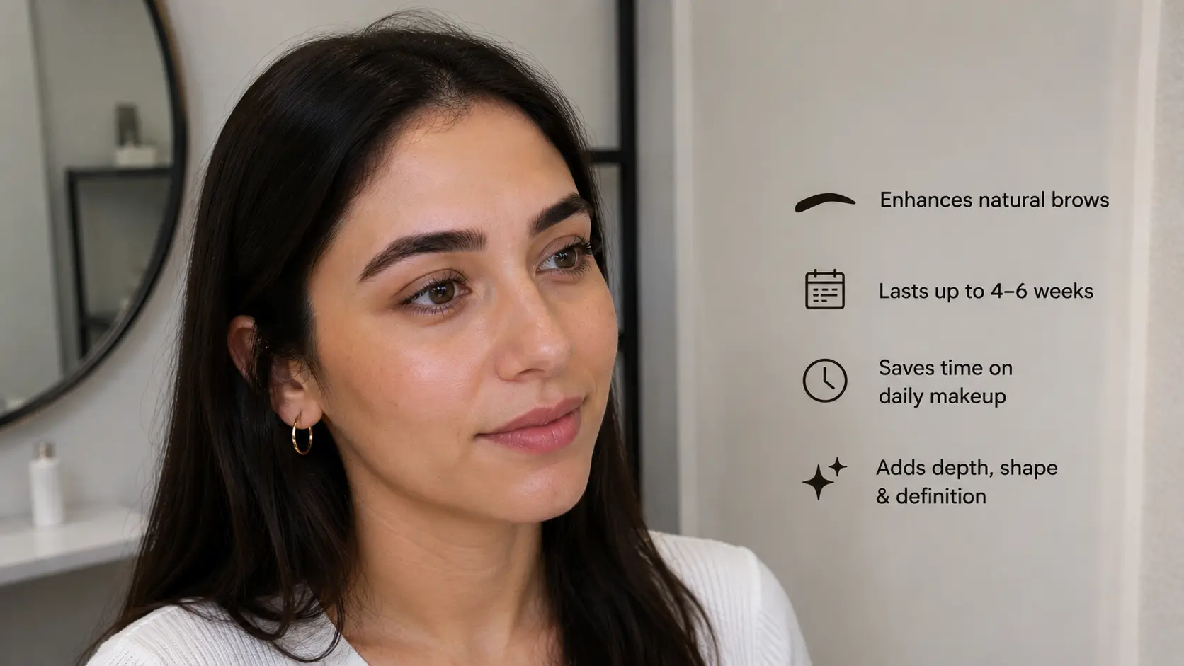 woman showing eyebrow enhancement results with natural brow definition