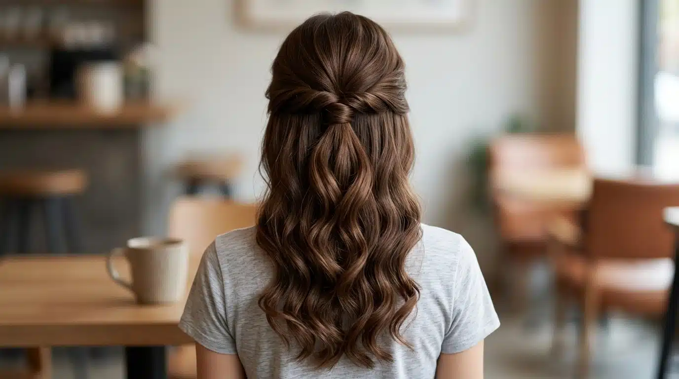 woman showing topsy tail half up hairstyle with twisted ponytail detail