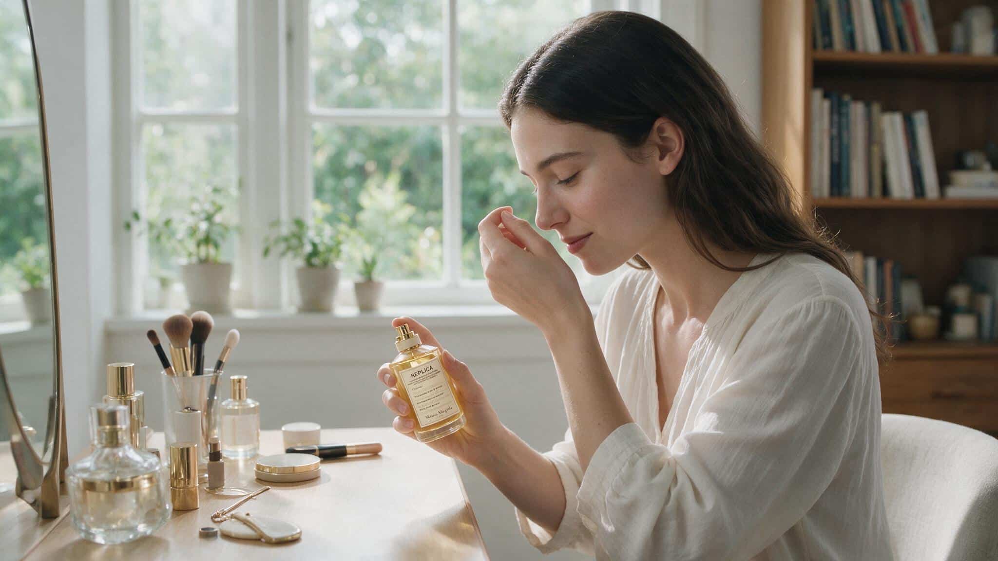 woman smelling perfume from her wrist while holding a fragrance bottle during a beauty routine