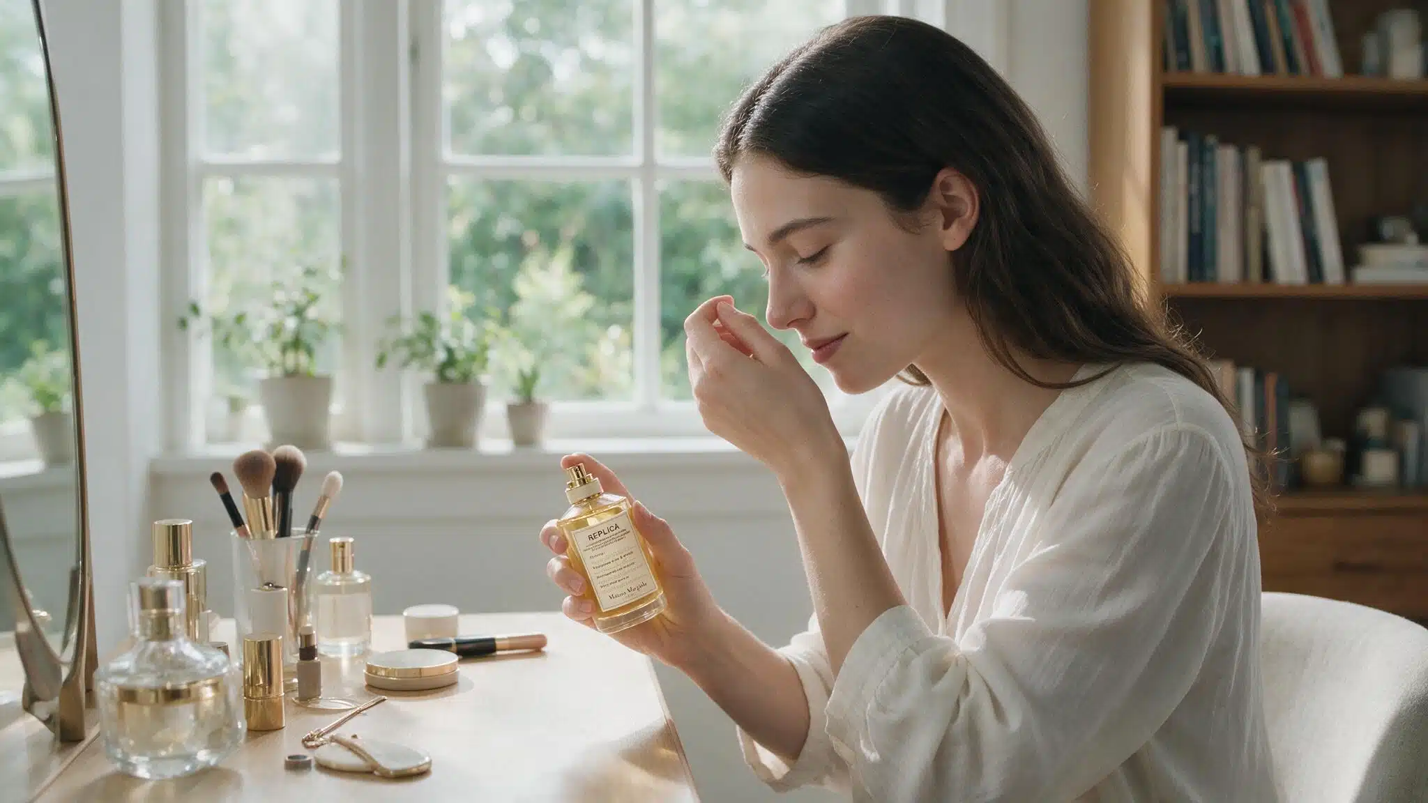 woman smelling perfume from her wrist while holding a fragrance bottle during a beauty routine