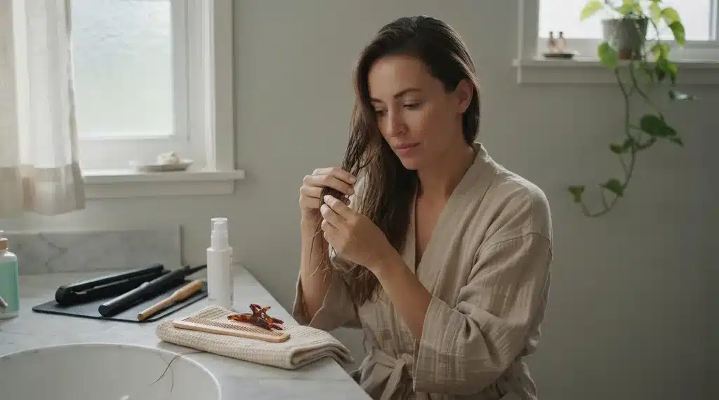 woman smoothing repair treatment through heat damaged hair with a flat iron and curling wand nearby