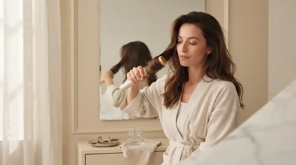 woman styling hair with a round brush during a blow dry routine for volume