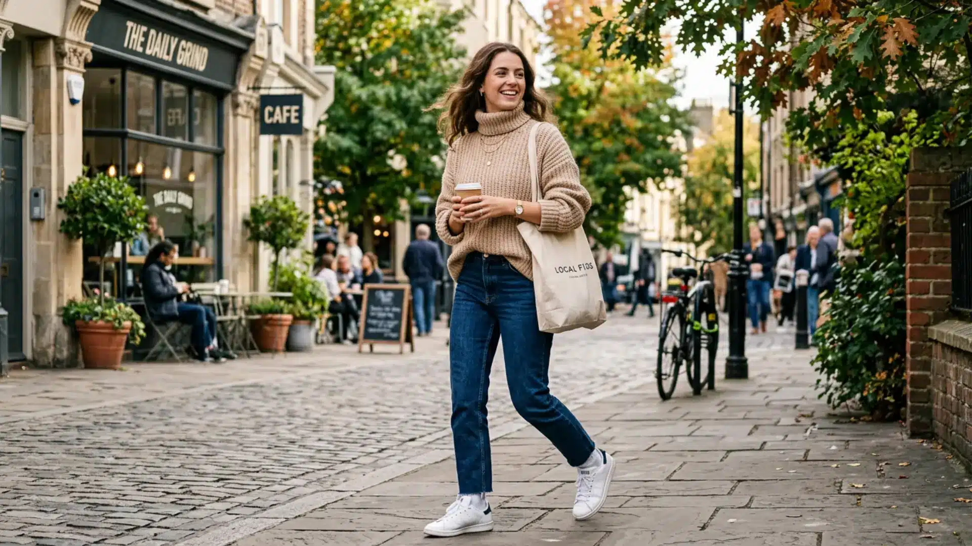 Woman styling straight-leg jeans with a knit sweater and sneakers.