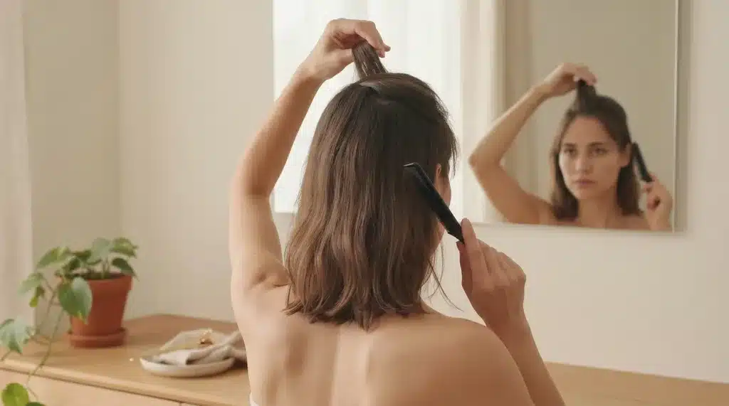 woman teasing the crown of her hair with a comb to create extra lift