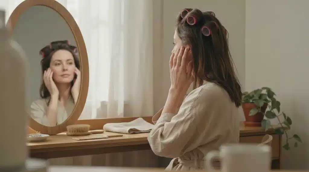 woman using hot rollers on her hair near a vanity to create soft volume