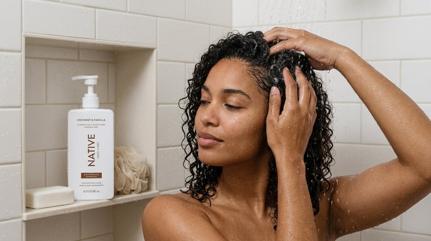 woman washing curly hair with native shampoo in a modern bathroom shower