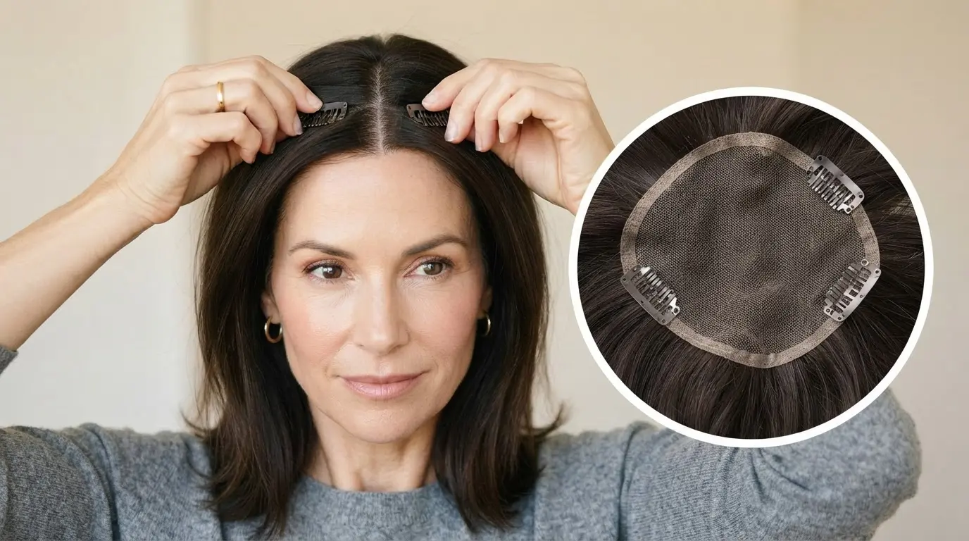 woman wearing a lightweight hair topper over thinning crown and widening part with natural blended coverage