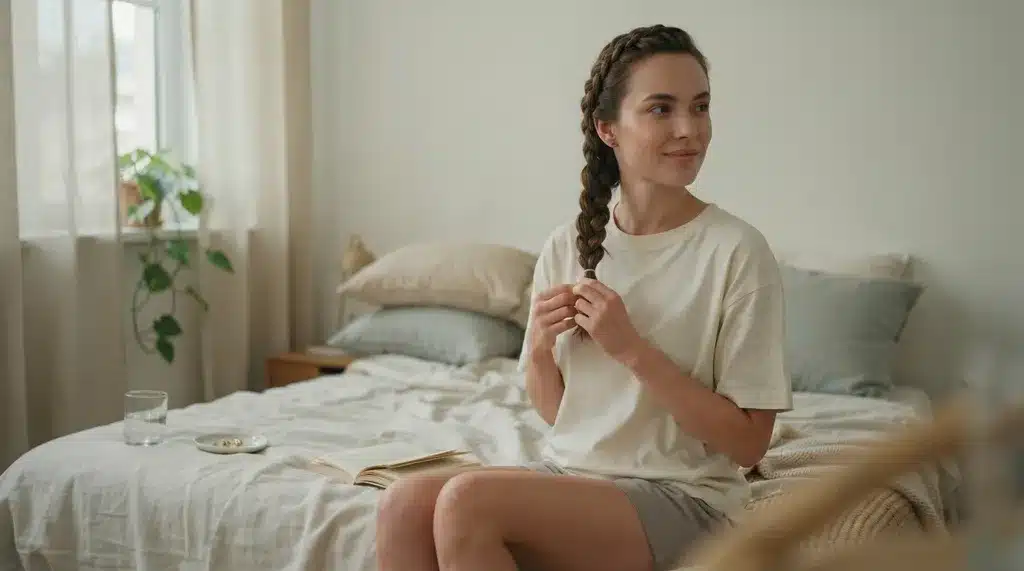 woman wearing a loose braid before bed to create soft textured waves