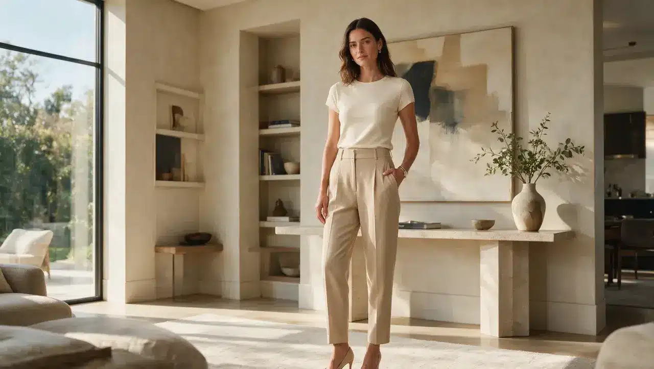 woman wearing beige trousers and white top in a modern neutral home interior setting