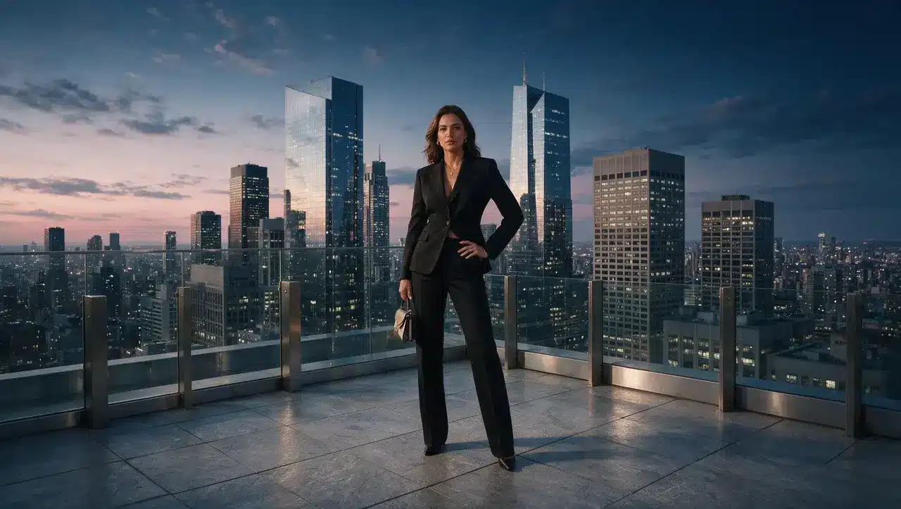 woman wearing black tailored suit standing on rooftop with modern city skyline in background