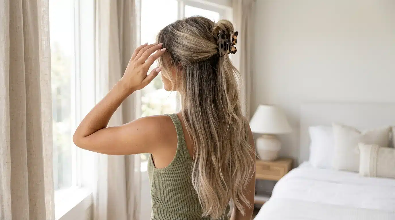 woman wearing claw clip half up hairstyle with loose waves in natural indoor setting