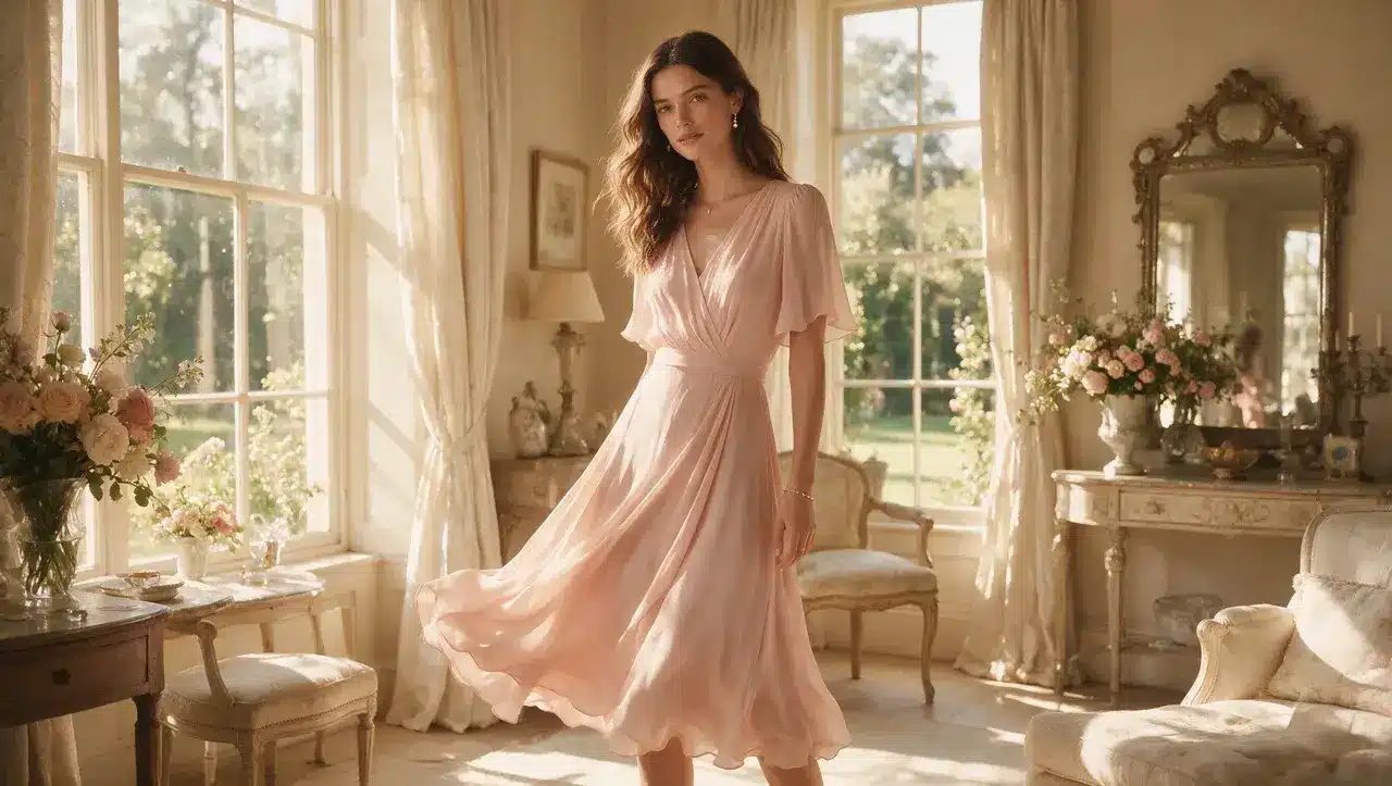 woman wearing flowing pink dress in elegant vintage room with natural sunlight and floral decor