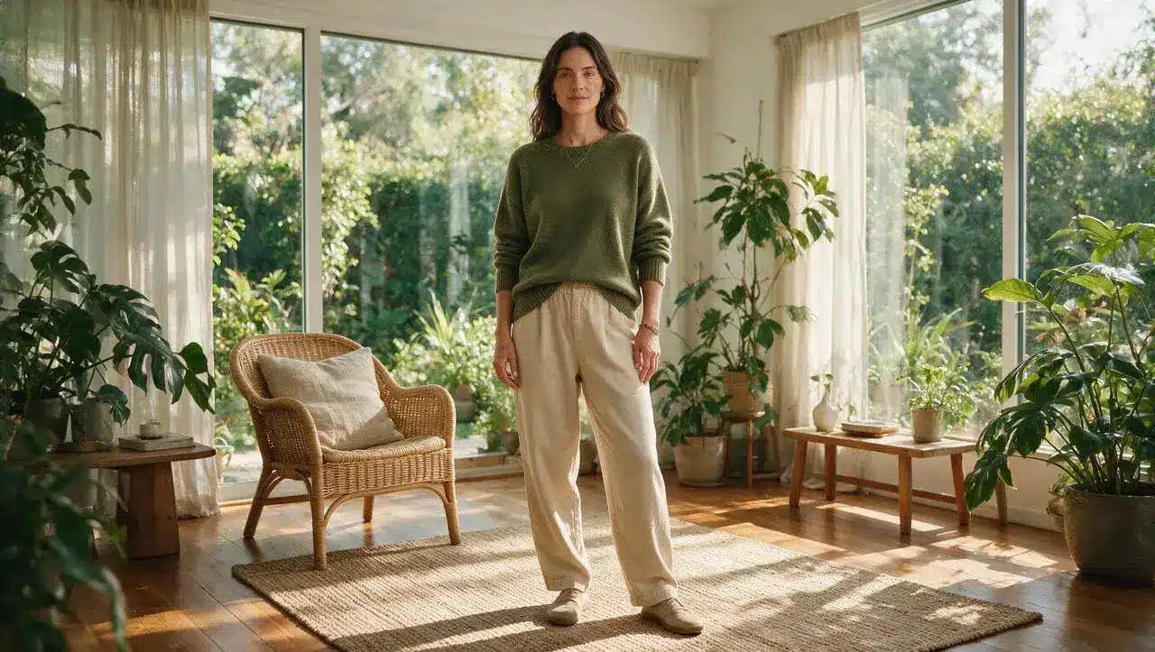 woman wearing green sweater and beige pants standing in bright indoor garden room with plants and natural light