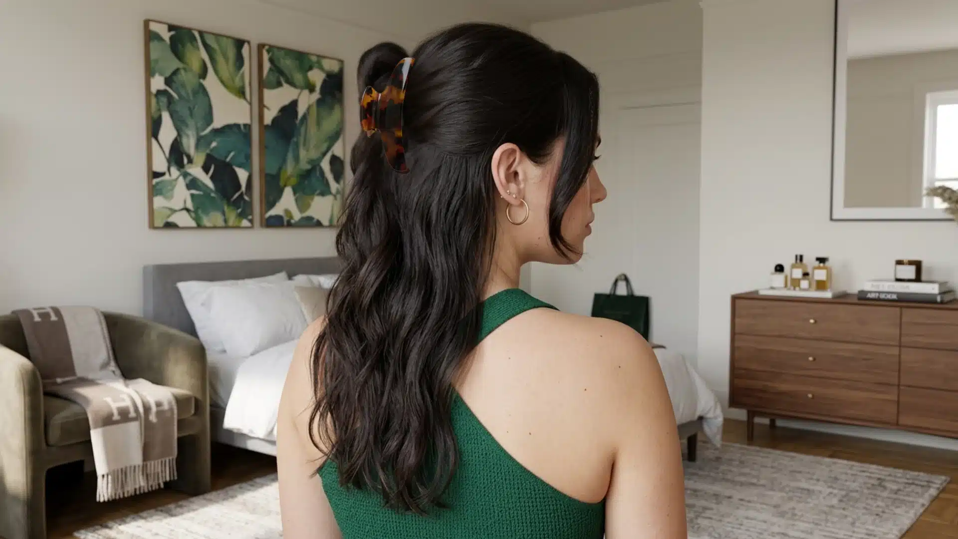 woman wearing half up hairstyle with decorative statement hair clips