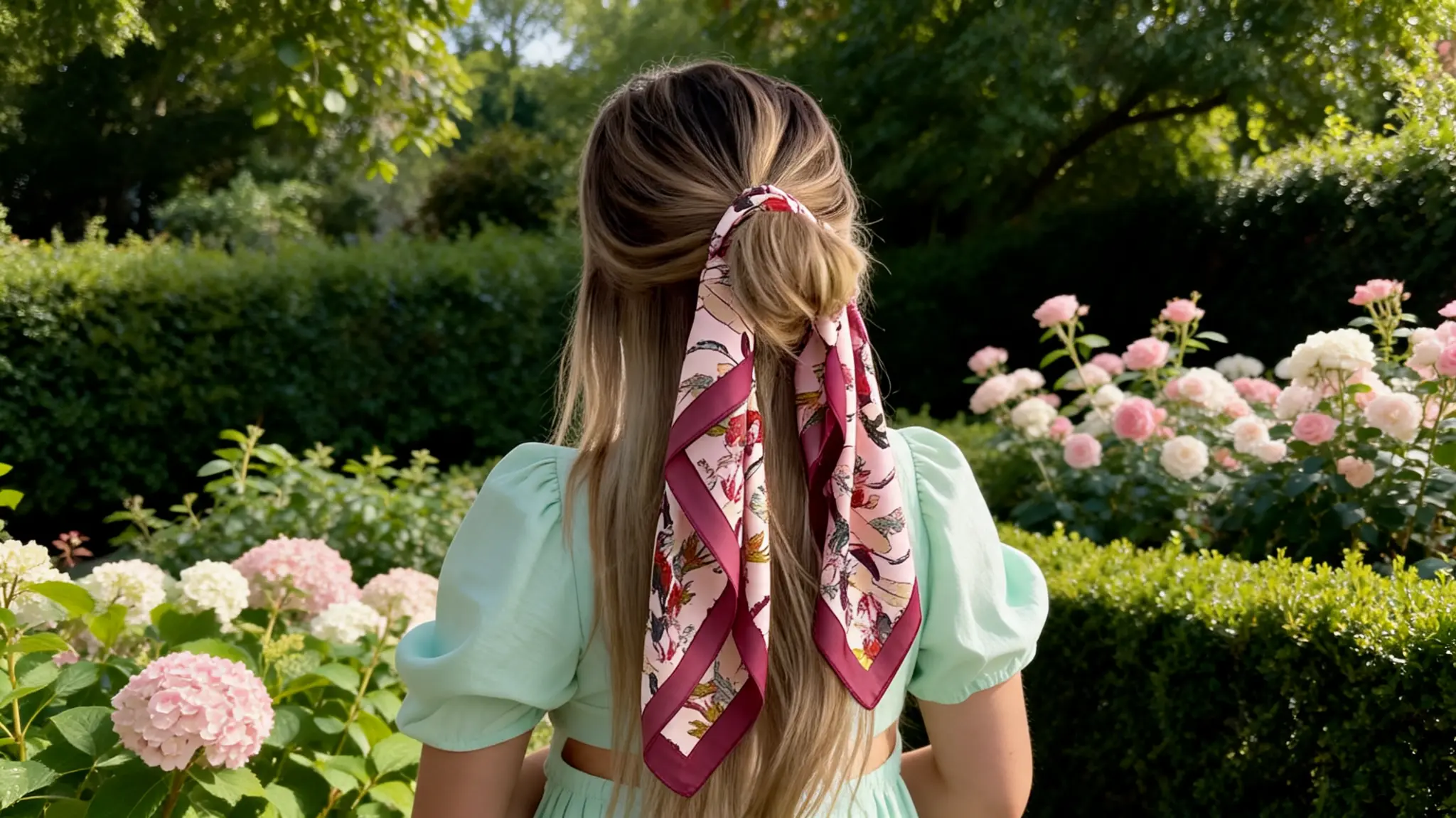 woman wearing half up hairstyle with silk scarf and flowing hair