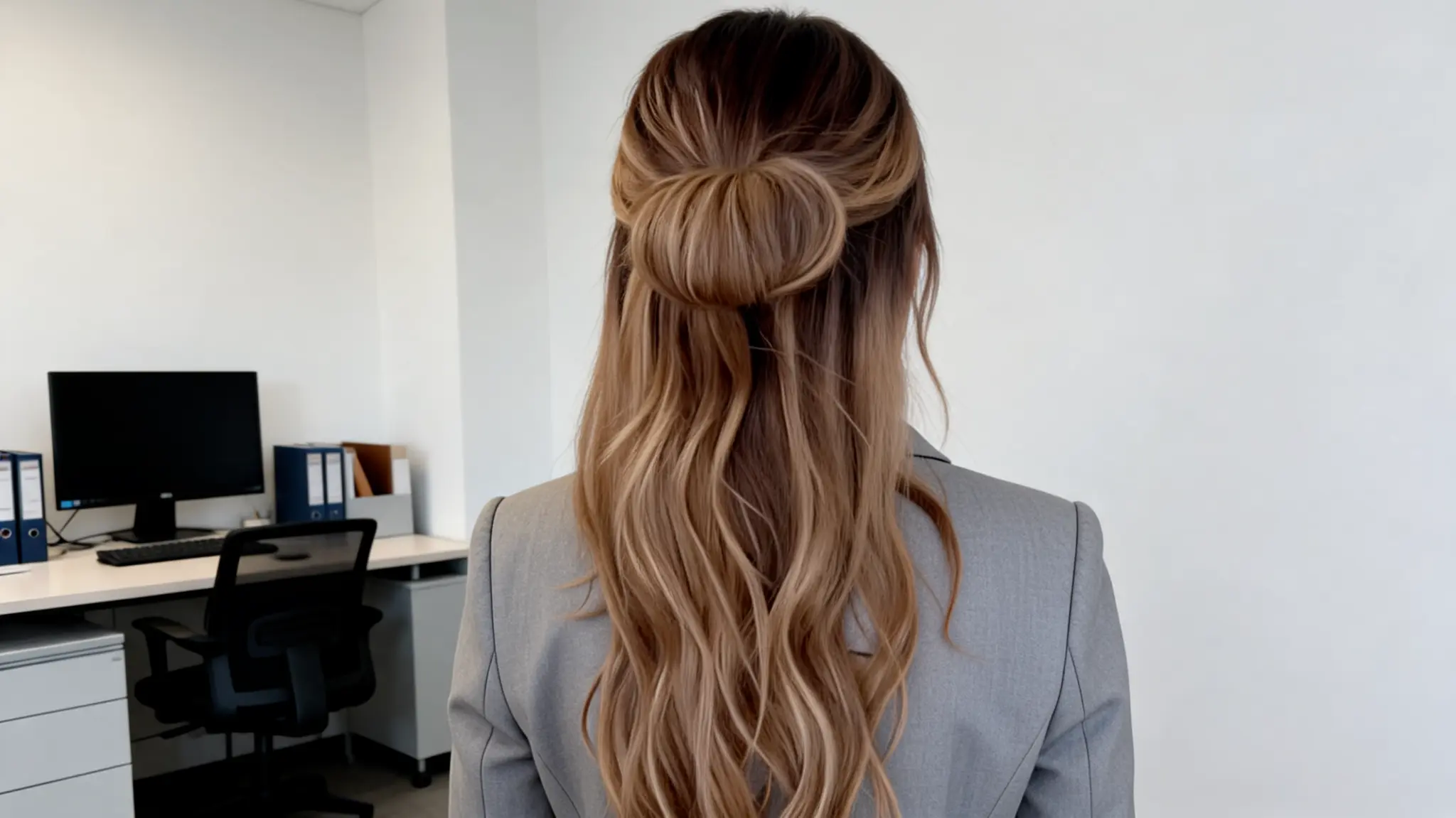 woman wearing low half up bun hairstyle with polished office look